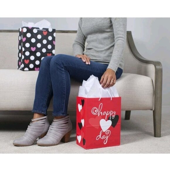 Hallmark 13" Large Valentines Day Gift Bags Pack of 2: Red with Hearts & Black - Picture 2 of 5